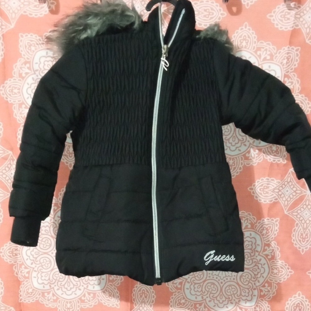 Guess Black Quilted Jacket with Faux Fur Hood